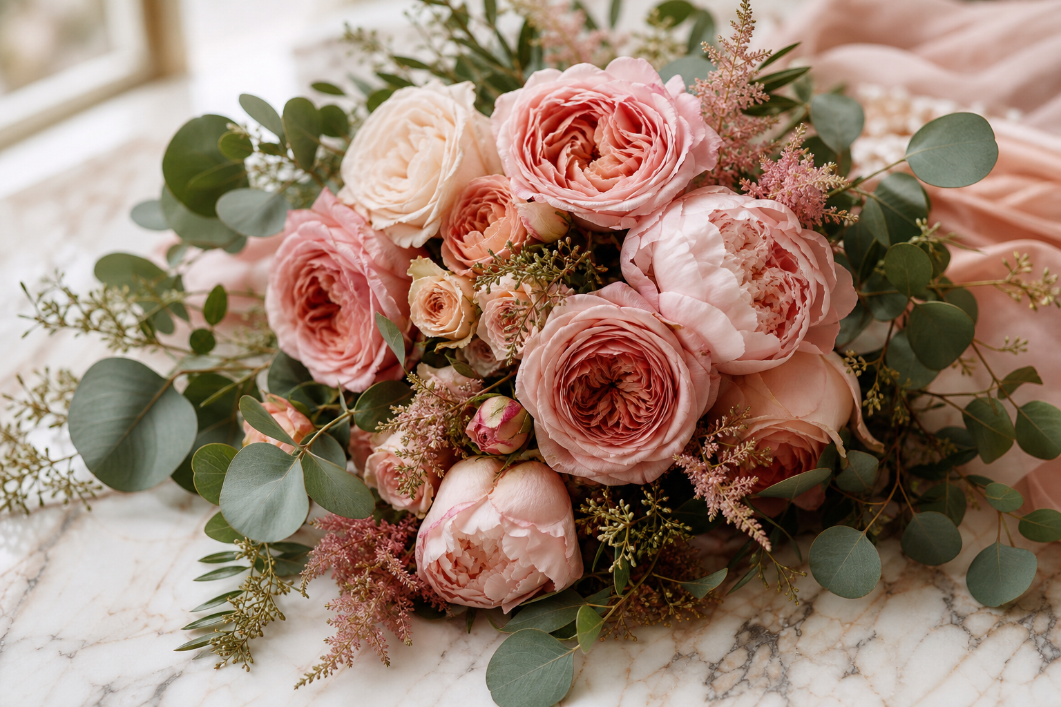 Romantischer Blumenstrauß mit Rosen und Pfingstrosen